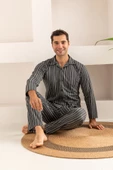 Erkek Jakarlı Düğmeli Pamuk Pijama Takımı- Çizgili Erkek Pijama - 10