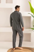 Erkek Jakarlı Düğmeli Pamuk Pijama Takımı- Çizgili Erkek Pijama - 9