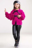 Kız Çocuk Sıfır Yaka Penye Kazak Yüksek Bel Deri Tayt Fuşya Kürk Detaylı Triko Ceket Alt Üst Takım - 5