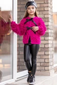 Kız Çocuk Sıfır Yaka Penye Kazak Yüksek Bel Deri Tayt Fuşya Kürk Detaylı Triko Ceket Alt Üst Takım - 1