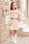 Kız Çocuk Beli Şerit ve Göğsü Fiyonk Detaylı Eteği Piliseli Krem Şifon Elbise thumbnail 2