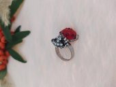 Gümüş Fare Figürlü Yüzük Kırmızı Kristalli Ayarlanabilir Çocuk Yüzük - 2