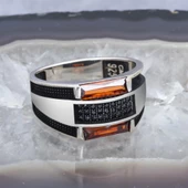 2 Sıra Baget Kırmızı Taşlı Gümüş Erkek Yüzük thumbnail 8