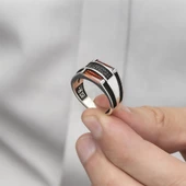 2 Sıra Baget Kırmızı Taşlı Gümüş Erkek Yüzük thumbnail 6