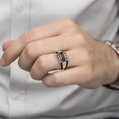 2 Sıra Baget Kırmızı Taşlı Gümüş Erkek Yüzük thumbnail 5