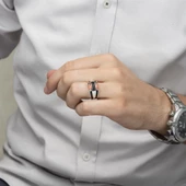 2 Sıra Baget Kırmızı Taşlı Gümüş Erkek Yüzük thumbnail 12