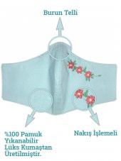 Mavi Çiçek Nakışlı Burun Telli Yıkanabilir Pamuk Luxury Bez Maske - 2