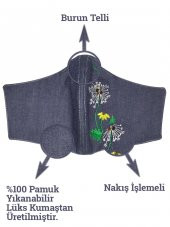 Kot Karahindiba Nakışlı Burun Telli Yıkanabilir Pamuk Bez Maske - 3