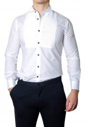 İlhan Işık Erkek Pileli Ata Yaka Saten Slim Fit Smokin Gömleği - 1