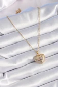 316L Çelik Gold Renk Zirkon Taşlı Kalp Model Vintage Kadın Kolye - TJ-BKO9325 - 2
