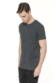 Erkek Bisiklet Yaka Yıkamalı Önü Parçalı Pamuklu Kısa Kollu T-shirt - 10