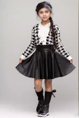 Kız Çocuk Yakadan Bağlamalı Gömlek Triko Hırka Siyah Deri Etekli Takım - 5