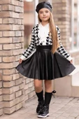 Kız Çocuk Yakadan Bağlamalı Gömlek Triko Hırka Siyah Deri Etekli Takım - 2