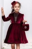 Kız Çocuk Üzeri Çiçek Taş İşlemeli Boğazlı Yaka Bordo Kadife Abiye thumbnail 4