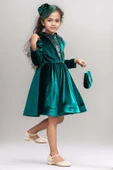Kız Çocuk Üzeri Çiçek Taş İşlemeli Boğazlı Yaka Yeşil Kadife Abiye thumbnail 4