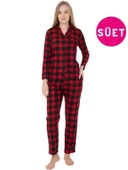 Kadın Bordo Siyah Ekose Gömlek Yaka Önden Düğmeli Süet Kışlık Uzun Kol Cepli Pijama Takımı - 1