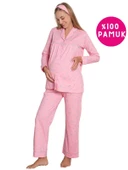 Kalpli Hamile Önden Düğmeli Uzun Kol Mevsimlik Bel Ayarlı %100 Pamuk Pijama Takımı-Geniş Kalıp - 2