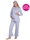 Kalpli Hamile Önden Düğmeli Uzun Kol Mevsimlik Bel Ayarlı %100 Pamuk Pijama Takımı-Geniş Kalıp - 1