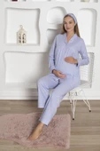 Kalpli Hamile Önden Düğmeli Uzun Kol Mevsimlik Bel Ayarlı %100 Pamuk Pijama Takımı-Geniş Kalıp - 11
