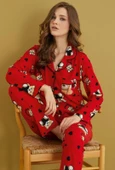 Kadın Gömlek Yaka Önden Düğmeli Saten Biyeli Göğüs Cepli Süet Kışlık Uzun Kol Pijama Takımı - 3