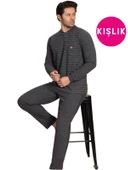 Erkek 3 Düğme Uzun Kol Göğüs Cepli Selanik Kumaş Kışlık Cepli Pijama Takımı - 4