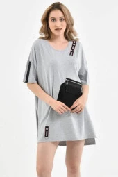 Yuvarlak Yaka Şeritli Taşlı ve Fermuarlı Cep Detaylı Gri Kadın Bluz - 3