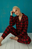 Pijamoni Kadın Süet Boydan Düğmeli Pijama Takımı - 5660-1  L Kırmızı - 2