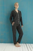 Pijamoni Kadın Süet Boydan Düğmeli Pijama Takımı - 5660-15  Siyah M - 1
