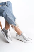 Kadın Metalik Gri Bağcıklı Sneaker Günlük Düz Spor Ayakkabı - 1