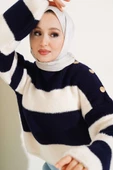 Gold Detaylı Salaş Triko Crop Kazak Lacivert - 1
