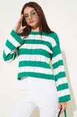 Kalın Çizgili Delikli Triko Kazak Zümrüt - 2