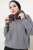 Kapüşonu Kürklü Triko Kazak Gri - 2