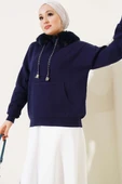 Kapüşonu Kürklü Triko Kazak Lacivert thumbnail 2