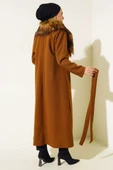 Yaka Kürklü Kuşaklı Uzun Kaban Camel thumbnail 3