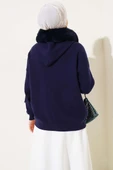 Kapüşonu Kürklü Triko Kazak Lacivert thumbnail 3