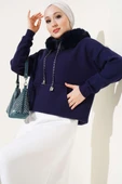 Kapüşonu Kürklü Triko Kazak Lacivert thumbnail 1