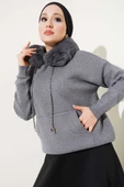 Kapüşonu Kürklü Triko Kazak Gri - 1