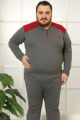 Düğmeli Uzun Kol Büyük Beden Erkek Pijama Takım Füme Bordo thumbnail 2