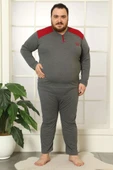 Düğmeli Uzun Kol Büyük Beden Erkek Pijama Takım Füme Bordo thumbnail 1