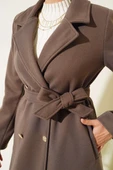 Gold Düğmeli Kuşaklı Kaşe Kaban Kahve thumbnail 4