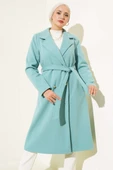 Gold Düğmeli Kuşaklı Kaşe Kaban Turkuaz thumbnail 2