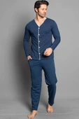 Boydan Düğmeli Uzun Kol Erkek Pijama Takım İndigo thumbnail 2