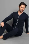 Boydan Düğmeli Uzun Kol Erkek Pijama Takım Lacivert Bordo thumbnail 1