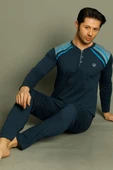 Düğmeli Armalı Erkek Pijama Takımı İndigo thumbnail 2