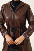 Bel Fermuarlı Kapüşonlu Deri Trençkot Kahve thumbnail 4