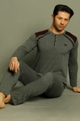 Düğmeli Armalı Erkek Pijama Takımı Füme Bordo thumbnail 1