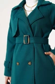 Omuz Apoletli Kuşaklı Kısa Kaşe Kaban Zümrüt thumbnail 4