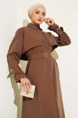 Kol ve Bel Kuşaklı Uzun Trençkot Kahve thumbnail 2