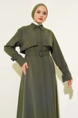 Kol ve Bel Kuşaklı Uzun Trençkot Haki thumbnail 2
