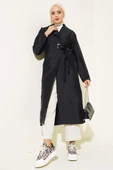 Kuş Gözlü Kuşaklı Trençkot Siyah thumbnail 2